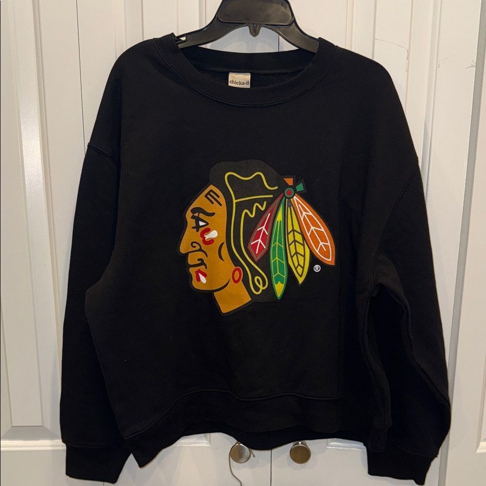 Chicka-d Black Crewneck Sweatshirt with Colorful Feather Emblem